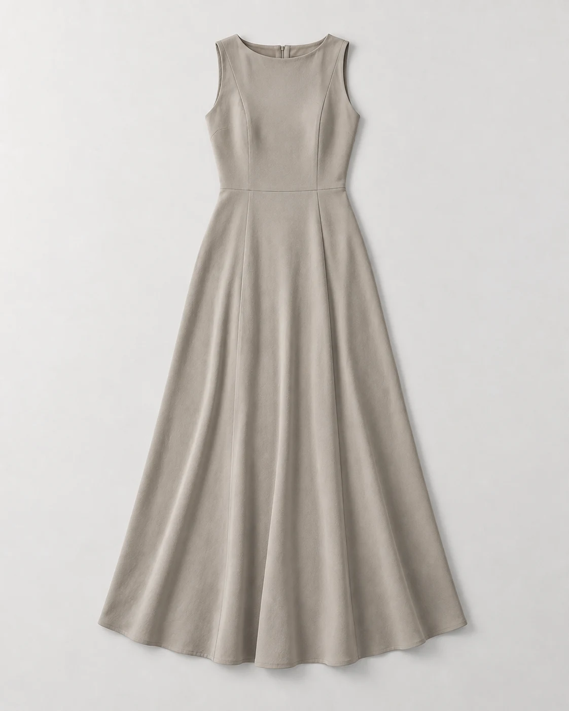 A grey dress photographed flat, the kind of photo the wardrobe takes in