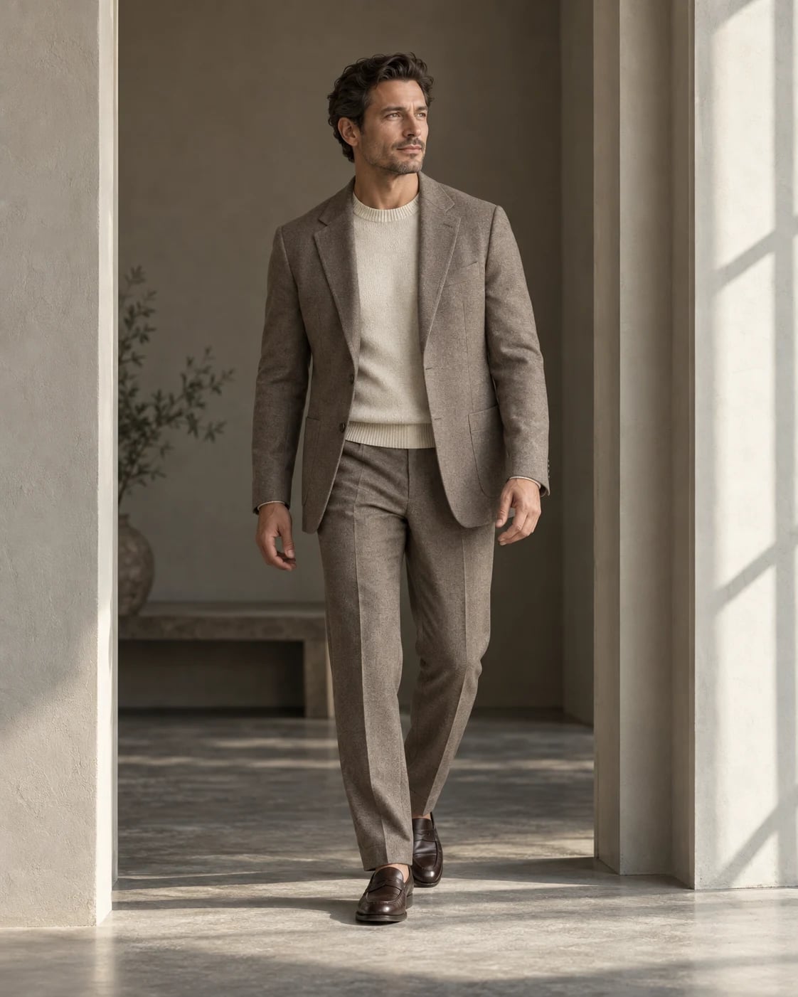 Taupe menswear in a softly lit doorway, AI-generated fashion still